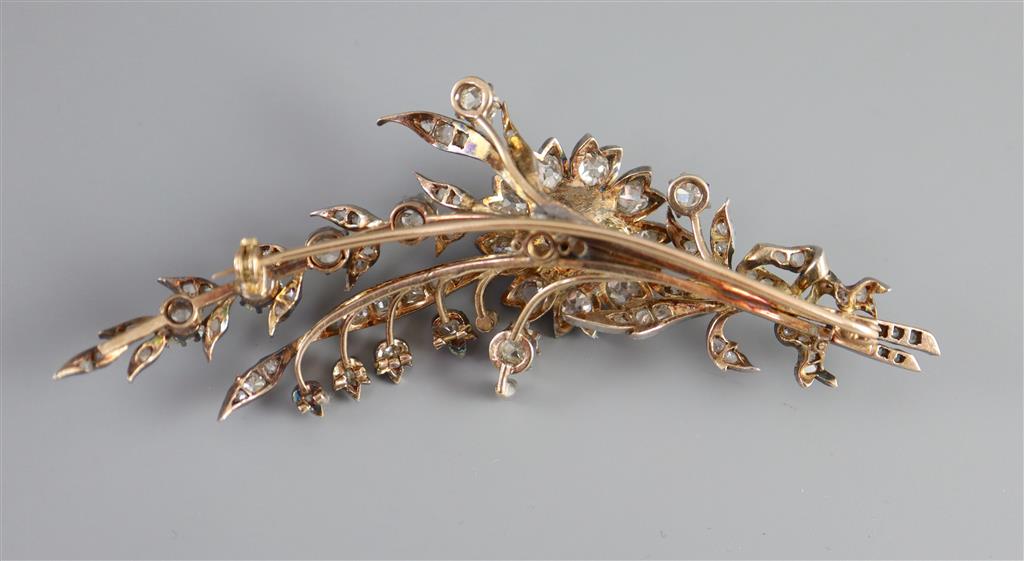 A Victorian gold, silver, old mine and rose cut diamond set foliate spray brooch,